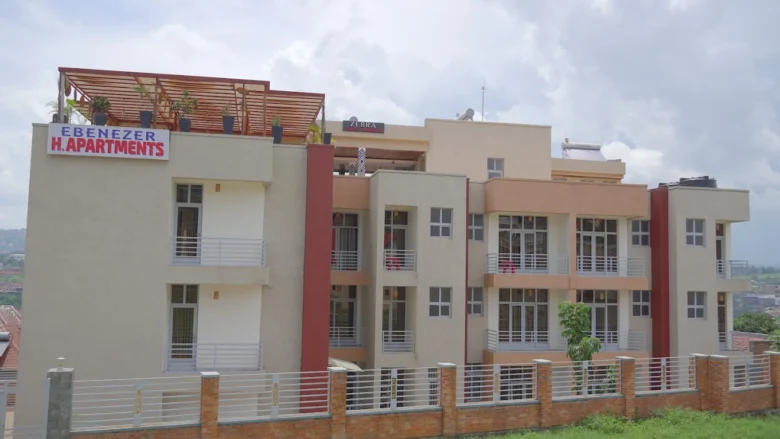 Exterior view of Ebenezer Hotel Apartments in Nyarugunga, Kigali, showcasing modern serviced apartments near best neighborhoods like Remera and Kiyovu.